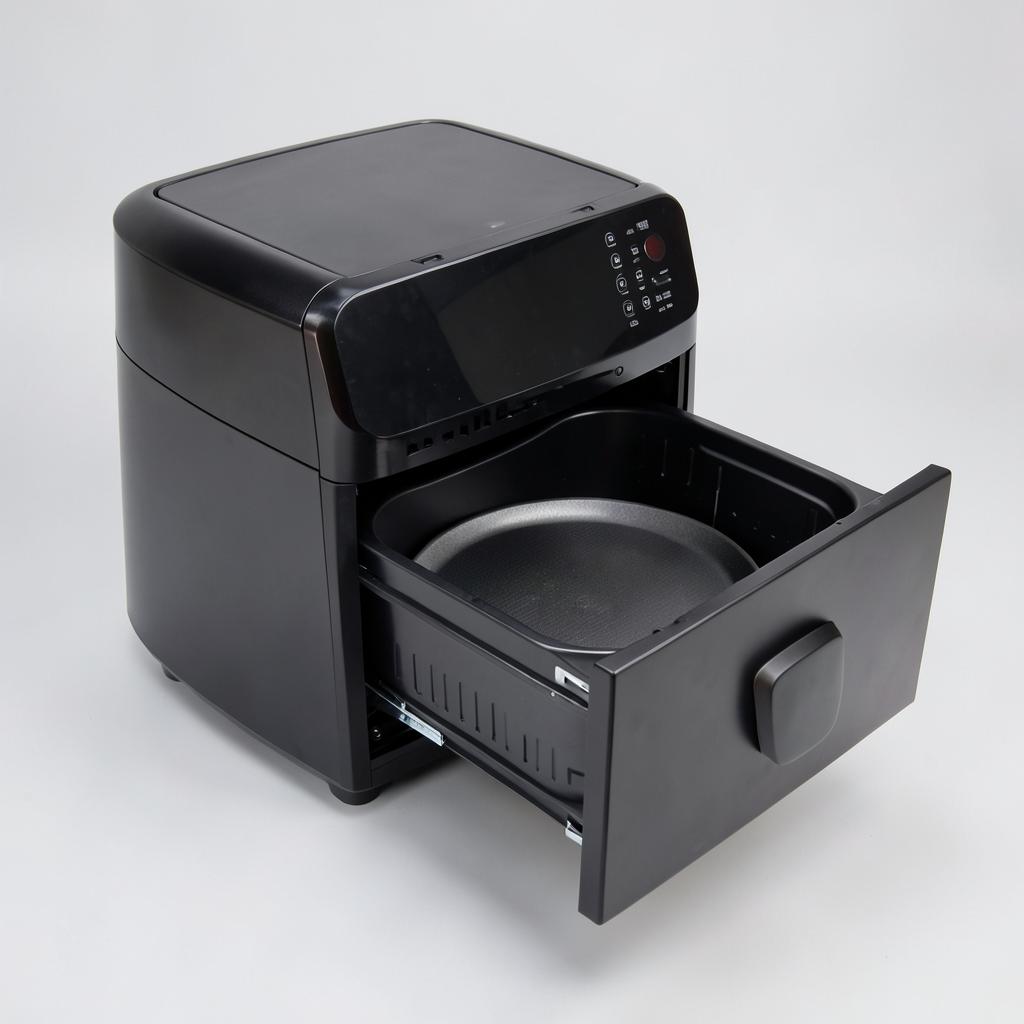 Air fryer drawer pulled open showing the non-stick crisper plate